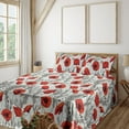 thumbnail image 1 of Ambesonne Floral Fitted & Flat Sheet with Shams 4 Pcs Set, Poppy Flower Branches Print, Queen, Vermilion Off White, 1 of 1