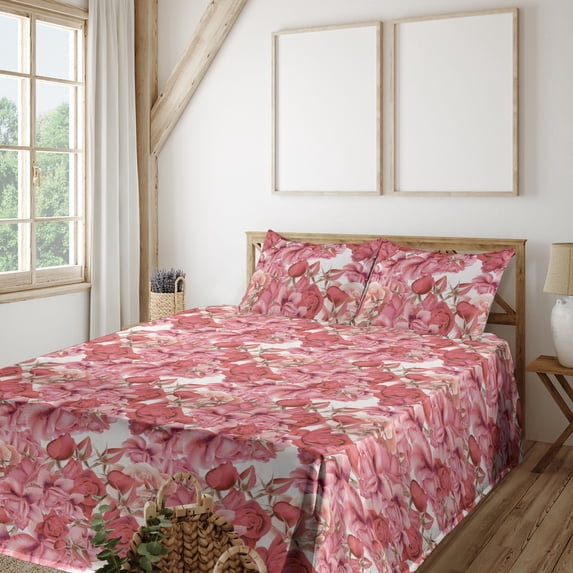 Ambesonne Floral Fitted & Flat Sheet with Sham 3 Pcs Set, Realistic Rose Flowers Art, Twin, Dark Coral and Hot Pink