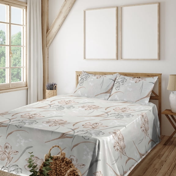 Floral Sheet Set, Retro Blooming Flower Petals Soft Garden on Pastel Minty Background, Fitted & Flat Sheet with Pillowcase Bedding Accent 3 Pcs Set, Twin, Warm Taupe and Pale Grey, by Ambesonne