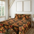 thumbnail image 1 of Ambesonne Floral Fitted & Flat Sheet with Shams 4 Pcs Set, Retro Effect Peony Pattern, Full, Dark Olive Green and Orange, 1 of 1