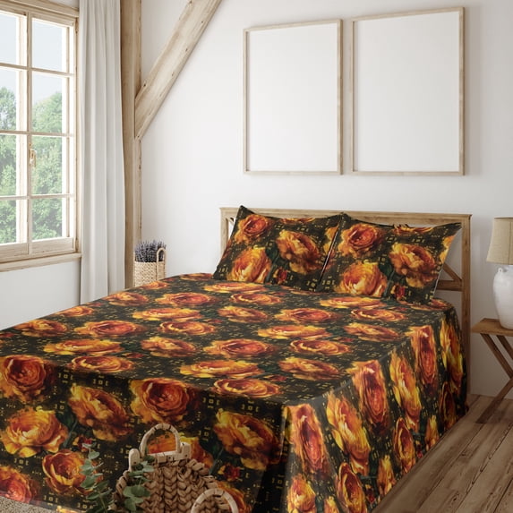 Ambesonne Floral Fitted & Flat Sheet with Shams 4 Pcs Set, Retro Effect Peony Pattern, Full, Dark Olive Green and Orange