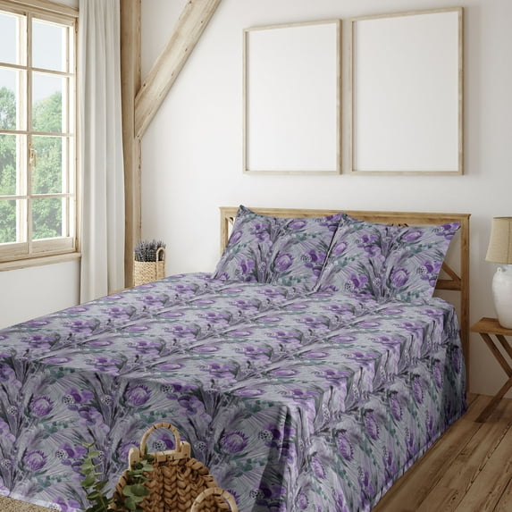 Ambesonne Floral Fitted & Flat Sheet with Sham 3 Pcs Set, Retro Meadow Bloom Leaves, Twin XL, Violet Mauve and Grey Teal