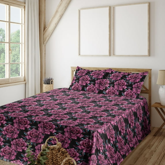 Ambesonne Floral Fitted & Flat Sheet with Shams 4 Pcs Set, Romantic English Roses Print, Calking, Pastel Pink and Pale Blue