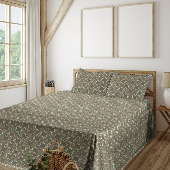 Ambesonne Floral Fitted & Flat Sheet with Sham 3 Pcs Set, Romantic English Garden Art, Twin, Green Brown and Pale Pink