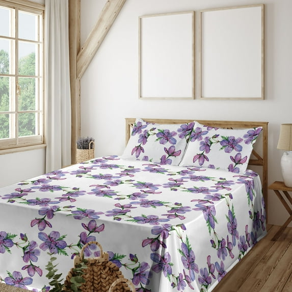 Ambesonne Floral Fitted & Flat Sheet with Sham 3 Pcs Set, Romantic Geranium Flowers, Twin XL, Green Pale Purple and White