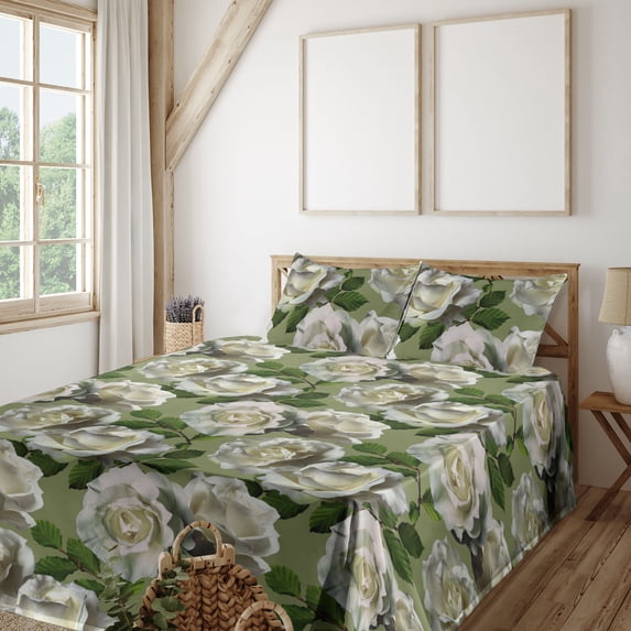 Ambesonne Floral Fitted & Flat Sheet with Shams 4 Pcs Set, Art of Innocent White Roses, King, Olive Green Ivory and Emerald