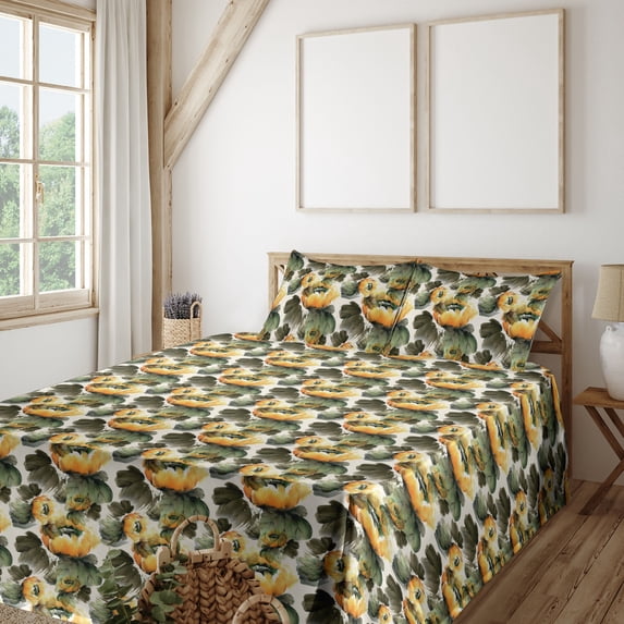 Ambesonne Floral Fitted & Flat Sheet with Sham 3 Pcs Set, Garden Theme Blossom Print, Twin XL, Olive Green and Earth Yellow