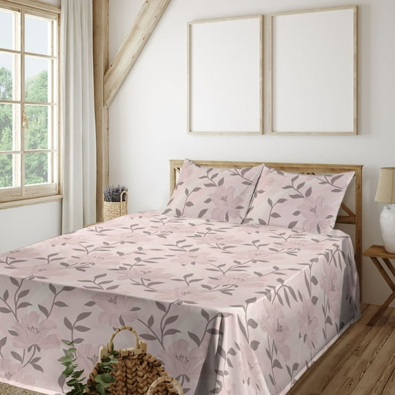 Ambesonne Floral Fitted & Flat Sheet with Shams 4 Pcs Set, Romantic Minimalist Flowers, Calking, Pale Pink Beige Blush