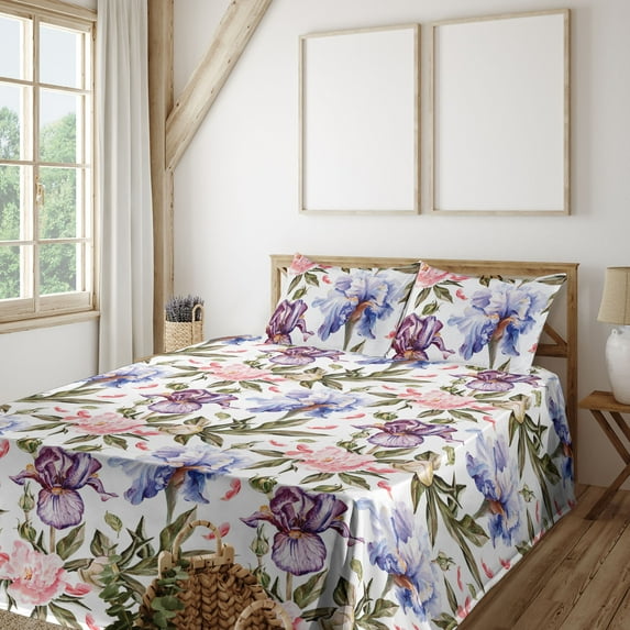Ambesonne Floral Fitted & Flat Sheet with Shams 4 Pcs Set, Pattern of Iris Flowers Art, Full, Sage Green and Multicolor