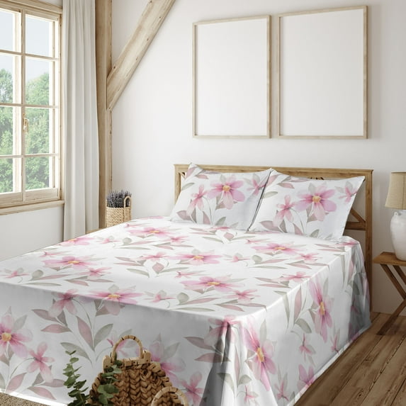 Ambesonne Floral Fitted & Flat Sheet with Shams 4 Pcs Set, Soft Floral Art Garden Print, King, Pastel Pink and Sage Green