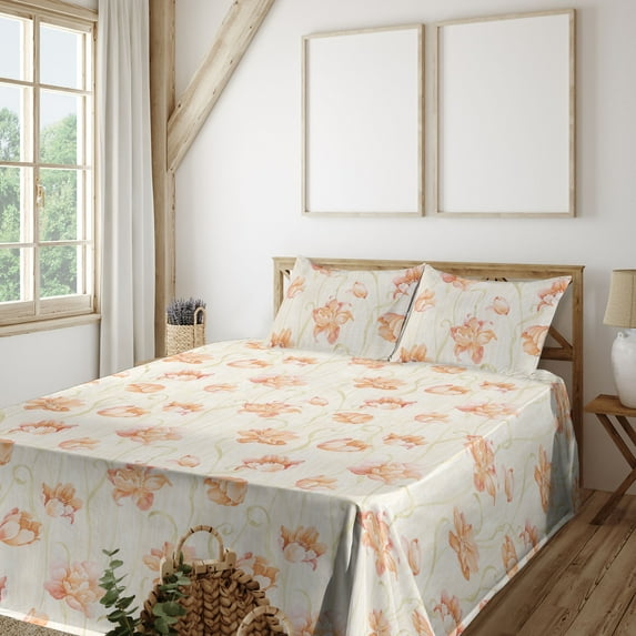 Floral Sheet Set, Spring Inspired Blossoming Rose Sketch Illustration on Rustic Back, Fitted & Flat Sheet with Pillowcase Bedding Accent 4 Pcs Set, King, Dark Peach Beige and Khaki, by Ambesonne