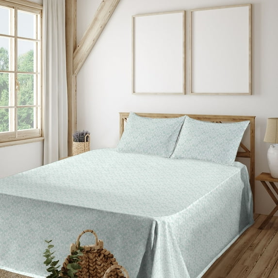 Ambesonne Floral Fitted & Flat Sheet with Sham 3 Pcs Set, Traditional Damask Meadow, Twin XL, Pale Mint Green