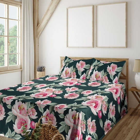 Ambesonne Floral Fitted & Flat Sheet with Shams 4 Pcs Set, Roses Lovers Flowers Artwork, King, Laurel Green Pale Pink