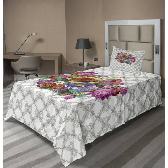 Ambesonne Floral Fitted & Top Sheet Set with Sham, Damask Pattern Bouquet, Multicolor