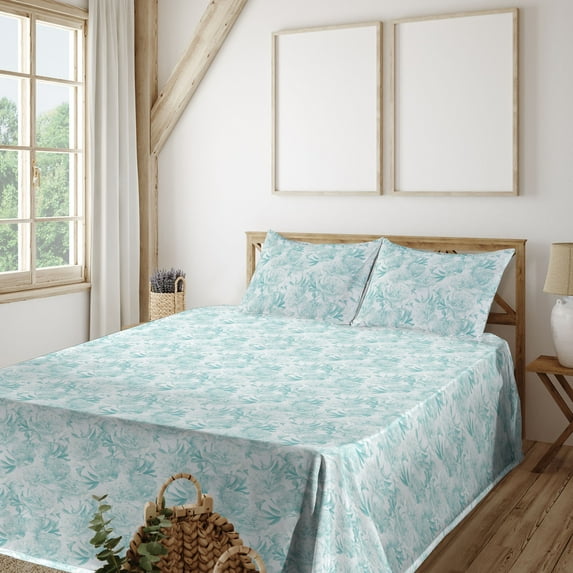 Ambesonne Floral Fitted & Flat Sheet with Shams 4 Pcs Set, Vintage Art Blooming Flowers, Queen, Seafoam and White