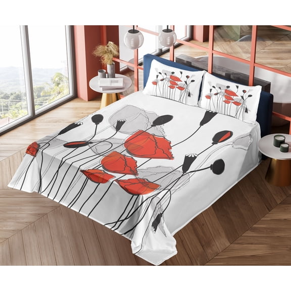 Ambesonne Floral Fitted & Top Sheet Set with Shams, Hand Drawn Poppy Flowers, Vermilion Black