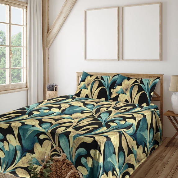 Ambesonne Floral Fitted & Flat Sheet with Shams 4 Pcs Set, Vintage Leaves of Flowers, King, Charcoal Grey Cream