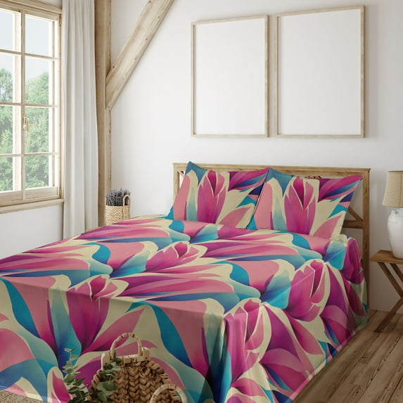Ambesonne Floral Fitted & Flat Sheet with Sham 3 Pcs Set, Nostalgic Petals Aquarelle, Twin, Pink and Sea Blue