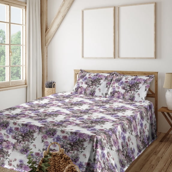 Floral Sheet Set, Vintage Themed Pattern of Blossoming Nostalgic Meadow Bouquets, Fitted & Flat Sheet with Pillowcase Bedding Accent 4 Pcs Set, Queen, Rose Lavender and Sage Green, by Ambesonne