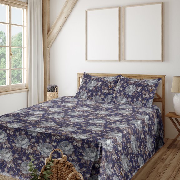 Ambesonne Floral Fitted & Flat Sheet with Shams 4 Pcs Set, Vintage Romantic Roses Print, Full, Dark Violet Marigold and Grey