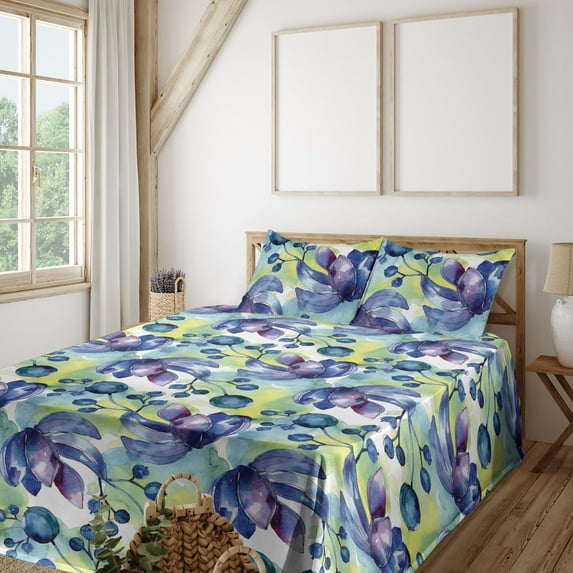 Ambesonne Floral Fitted & Flat Sheet with Shams 4 Pcs Set, Print of Blooming Flowers, Queen, Lavender Blue Pale Green