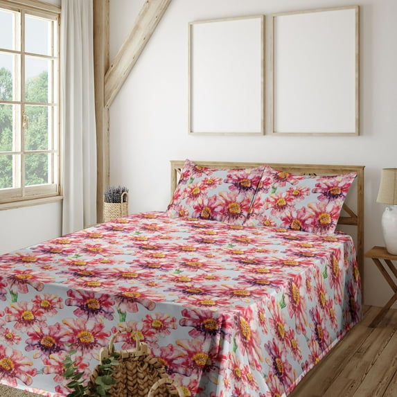 Ambesonne Floral Fitted & Flat Sheet with Shams 4 Pcs Set, Watercolor Blossoming Vibes, Queen, Soft Blue Coral and Plum