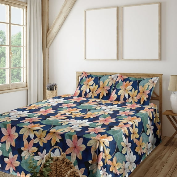 Ambesonne Floral Fitted & Flat Sheet with Sham 3 Pcs Set, Watercolor Effect Flowers, Twin XL, Navy Blue and Laurel Green