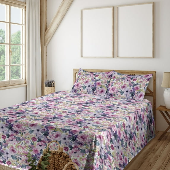 Ambesonne Floral Fitted & Flat Sheet with Shams 4 Pcs Set, Peony Roses Modern Botanical, King, Pale Fuchsia Blue Grey