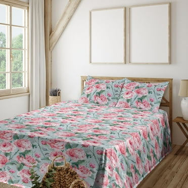 Floral Sheet Set, Watercolor Style Pastel Pink Peony Flowers English Garden Vintage Vibes, Fitted & Flat Sheet with Pillowcase Bedding Accent 4 Pcs Set, King, Pale Blue Pastel Pink, by Ambesonne