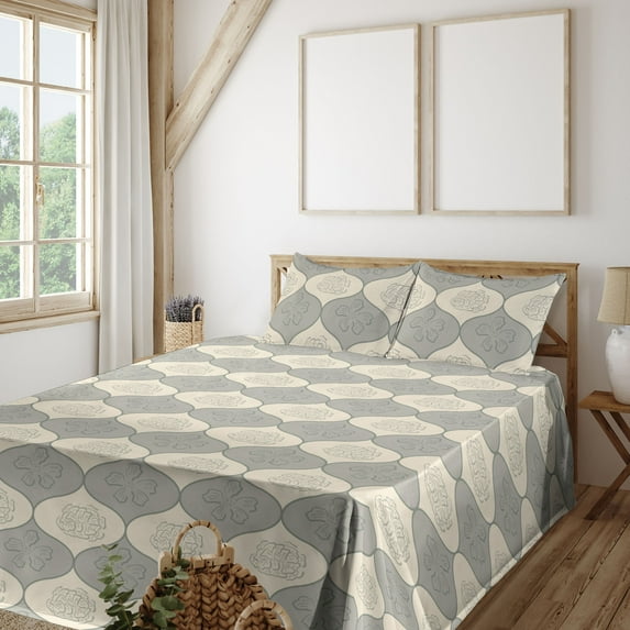 Ambesonne Floral Fitted & Flat Sheet with Shams 4 Pcs Set, Wavy Vintage Motif Nostalgia, Queen, Cream Grey Teal