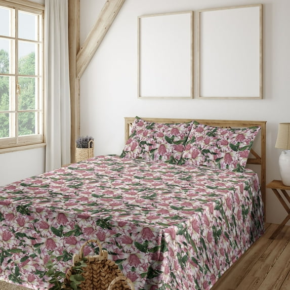 Ambesonne Floral Fitted & Flat Sheet with Shams 4 Pcs Set, Wild Tulips Blooming Garden, Calking, Emerald and Dried Rose