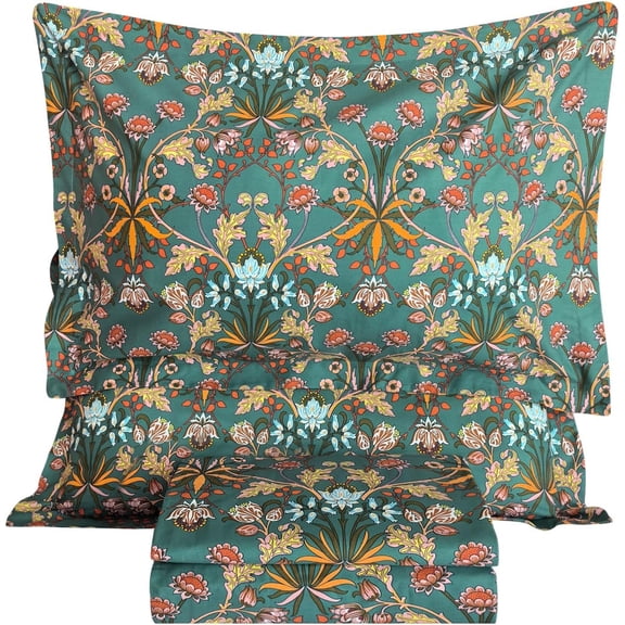 Floral  Sheets Deep Pocket,  Paisley  Printed  Green  Sheets for  Bed Botanical Preppy Bed Sheets 4 count Set