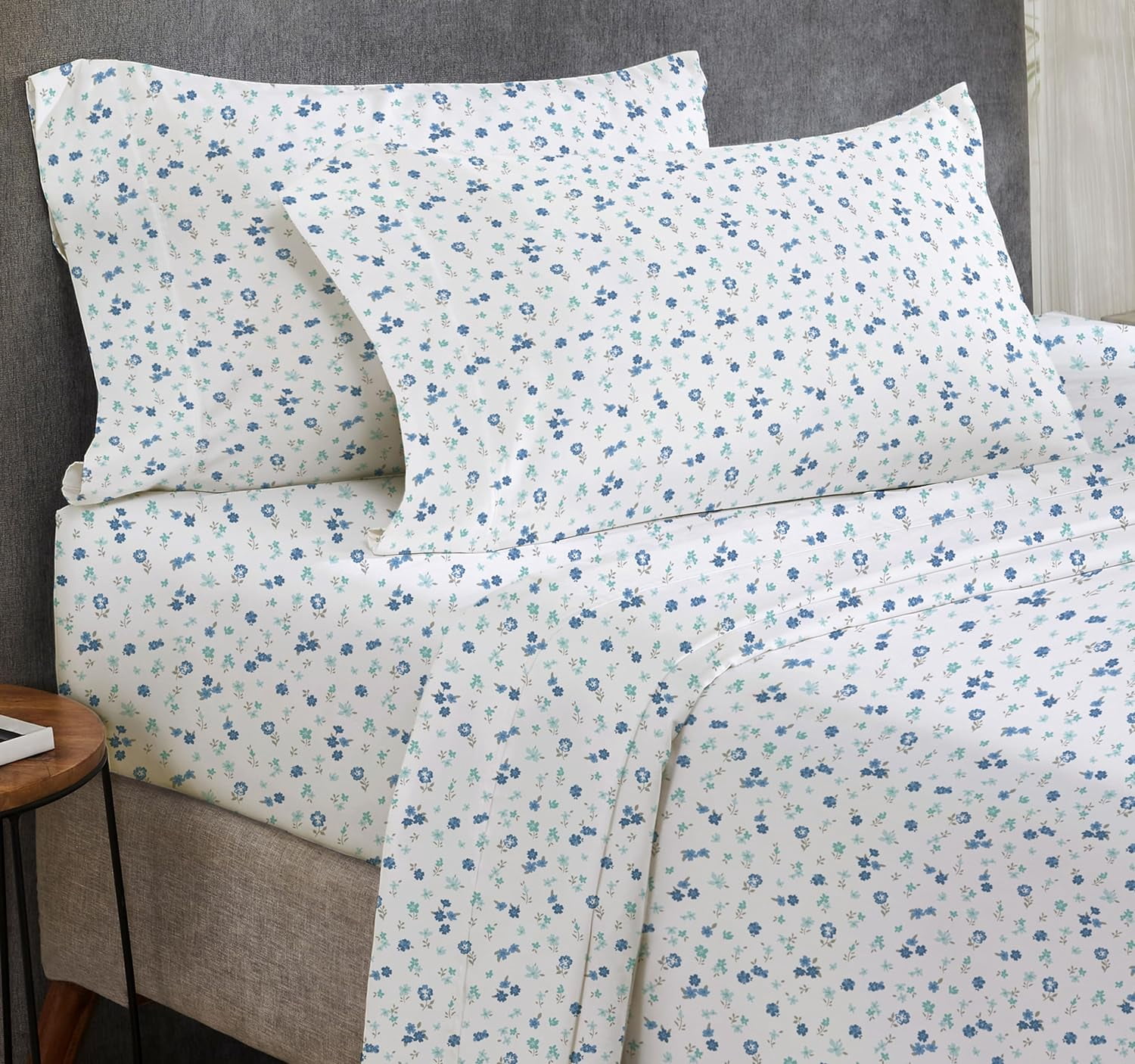 Floral Sheets Pattern King Sheet Set, Luxury 400 Thread Count 100% Cotton Sheets, 4 Pc Deep Pocket King Sheets & Pillowcase Set (Blooming Meadows)