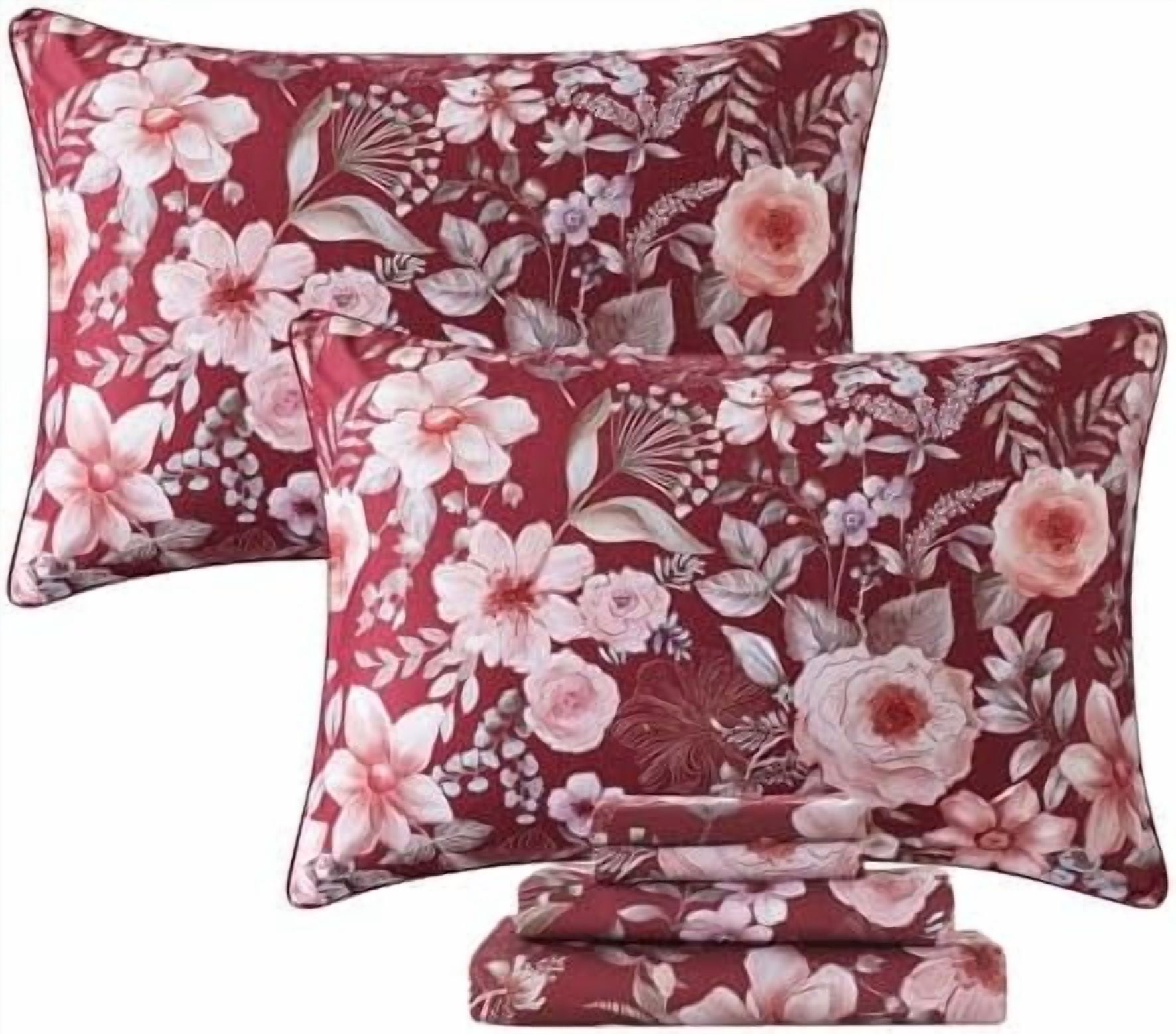 Floral Sheets Set King Vintage Red Floral Bedding Shabby Pink Rose ...