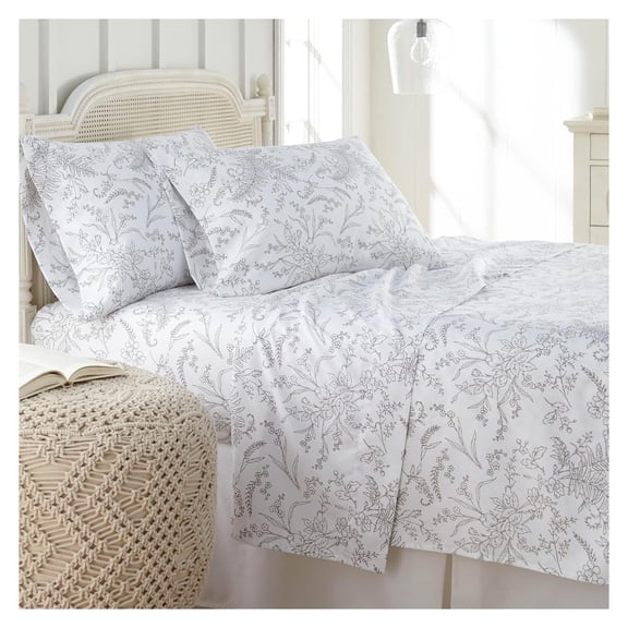 Floral Sheets Twin Size Set 15 Inch Deep Pocket 3 Piece White-Grey Flowers