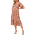 thumbnail image 1 of Floral Shirred Short Sleeve Dress Below for Women Knee Length Orange Medium, 1 of 4