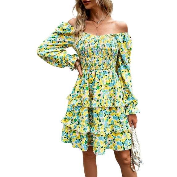Floral Shirred V Neck Tiered Dress for Women Above Knee Length Green Small