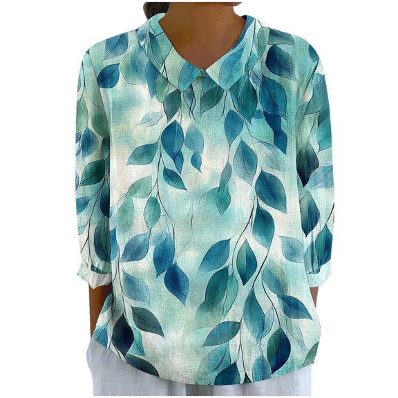 Floral Shirts for Womens Bamboo Linen 3/4 Sleeve Tops Dressy Casual Business Work Blouses Turndown Collared Button Tshirts Loose Comfy Tunics Tops Spring Summer Clothes Vacation Outfits