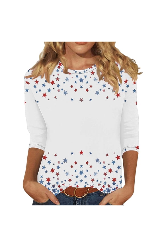 Floral Shirts for Women 3/4 Length Sleeve Trendy Boho Print T Shirts Casual Loose Vacation Crewneck Bohemian Tee Tops