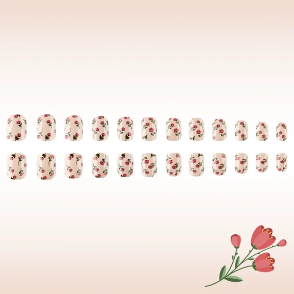 Floral Short Press On Nails, Pink Flower Cream Gentle Style Glossy Manicure, 24 Pcs Removable False Nails