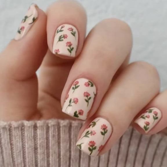Floral Short Press On Nails, Pink Flower Cream Gentle Style Glossy Manicure, 24 Pcs Removable False Nails