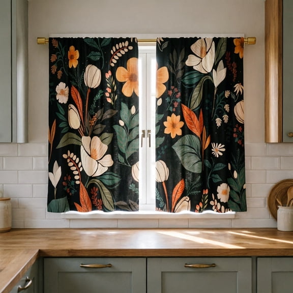 Floral Short Window Curtains, 2-Panel Botanical Cafe Tier Drapes with Rod Pocket, Light Filtering Decorative Panels for Kitchen Bathroom and Small Windows