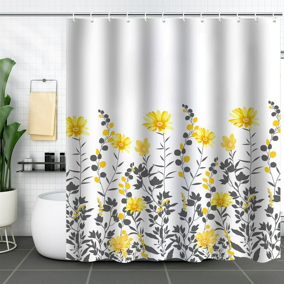 Floral Shower Curtain, 60" W x 70" L, Yellow & Gray - Pretty Yellow Shower Curtain for Bathroom - Cottage, French Country & Farmhouse Bathroom Decor
