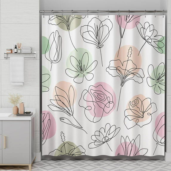 Floral Shower Curtain, 72"x72" Washable Cloth Spring Black Ink Blooms Shower Curtain with 12 Metal Hooks, Farmhouse Fabric Rustic Colorful Flower Shower Curtain Sets for Bathroom Decor