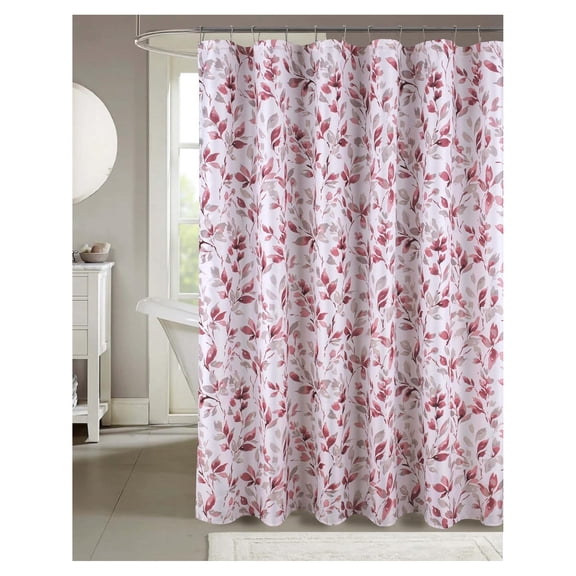 Floral Shower Curtain - 72x70 Pink Gray White - Hotel Quality Fabric Bathroom Decor - Leaf Damask Design - Easy Install & Machine Washable