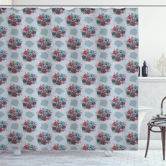 Floral Shower Curtain, Abstract Bouquet of Flowers with Swirls Leaves on Splashed Paint Effect Background, Fabric Bathroom Set with Hooks, 69W X 75L Inches Long, Multicolor, by Ambesonne