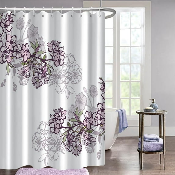 Floral Shower Curtain, Aesthetic Purple Flower Shower Curtain Set for Bathroom Waterproof Fabric Spring Bathroom Curtain with Hooks, 72x72 Inch