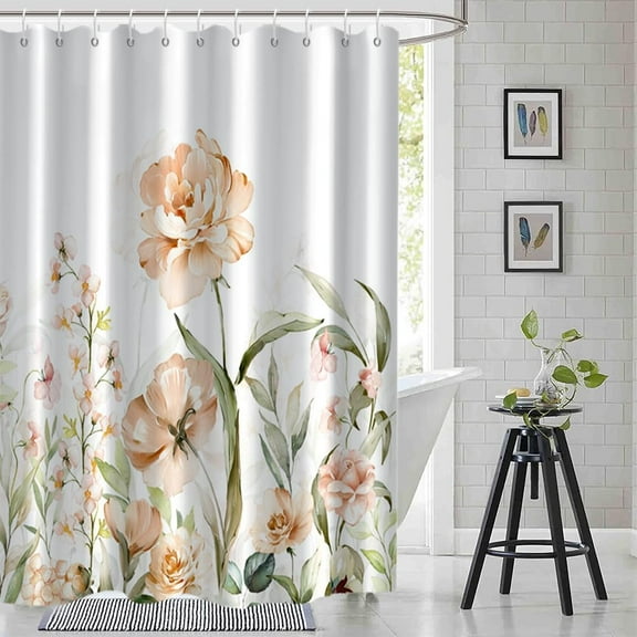 Floral Shower Curtain, Aesthetic Spring Yellow Flower Shower Curtain for Bathroom Waterproof Fabric Watercolor Shower Curtain Set with Hooks, 72x72 Inch