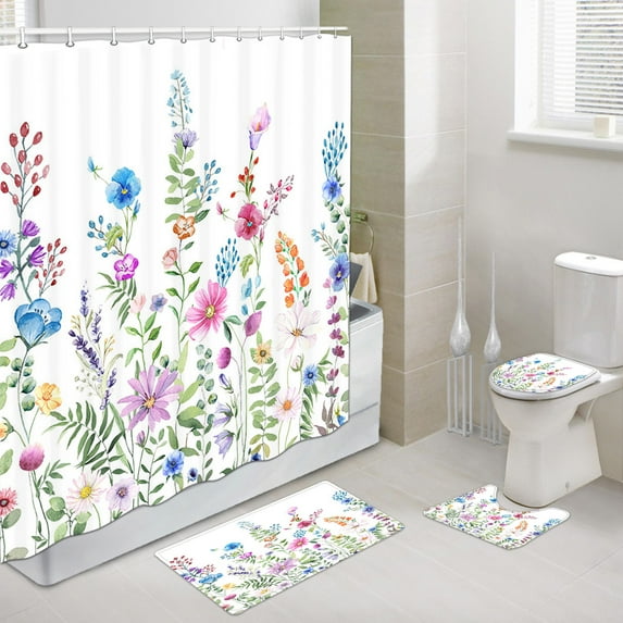 Floral Shower Curtain and Bath Mat Set 69x70 Inch, Watercolor Botanical Flower Plant Herbs Bathroom Mat Set with Contour Toilet Mat, Mat and Toilet Lid Cover