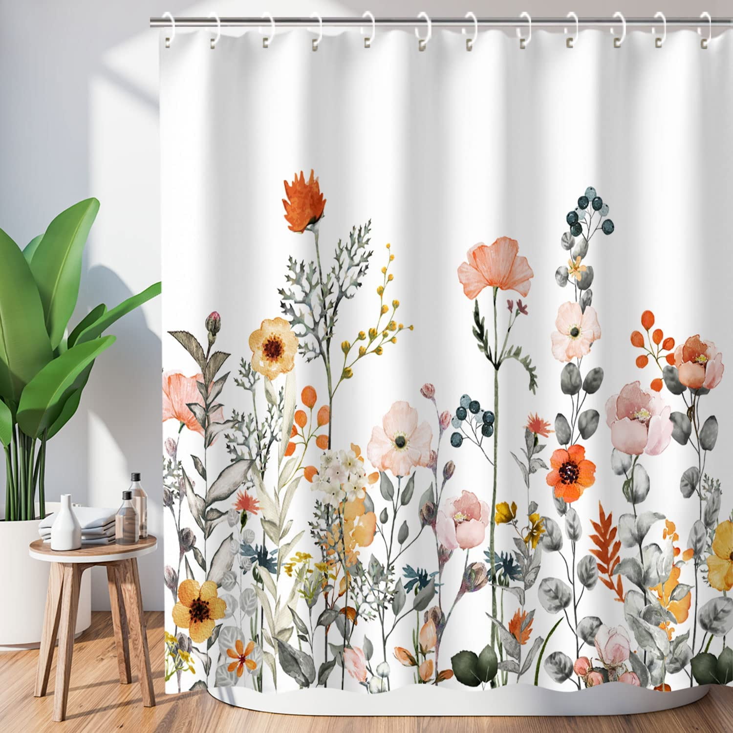 Elegant Floral Fabric Shower Curtain, Colorful Bathroom Decoration ...